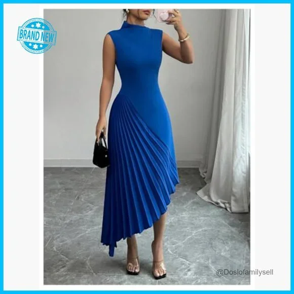 Pleated Maxi Dress Elegant Mock Neck Sleeveless Asymmetrical Cocktail Party - Picture 5 of 5